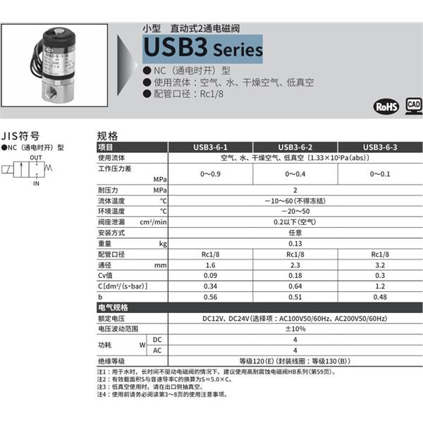 CKD喜開理多種流體小型直動式2通電磁閥USB3-6-3-V-DC12V