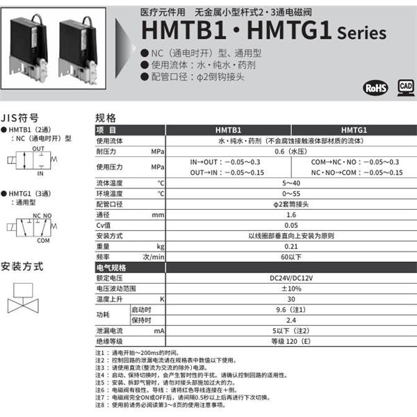 CKD喜開理醫(yī)療儀器用無金屬小型桿式2?3通電磁閥HMTG1-2TN-PF-DC24V