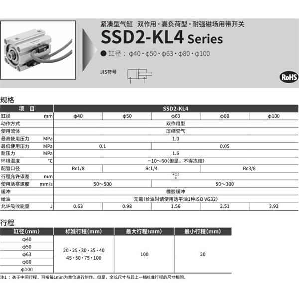CKD喜開(kāi)理緊湊型氣缸SSD2-KL4-40-40-V0-D-N-LB-I