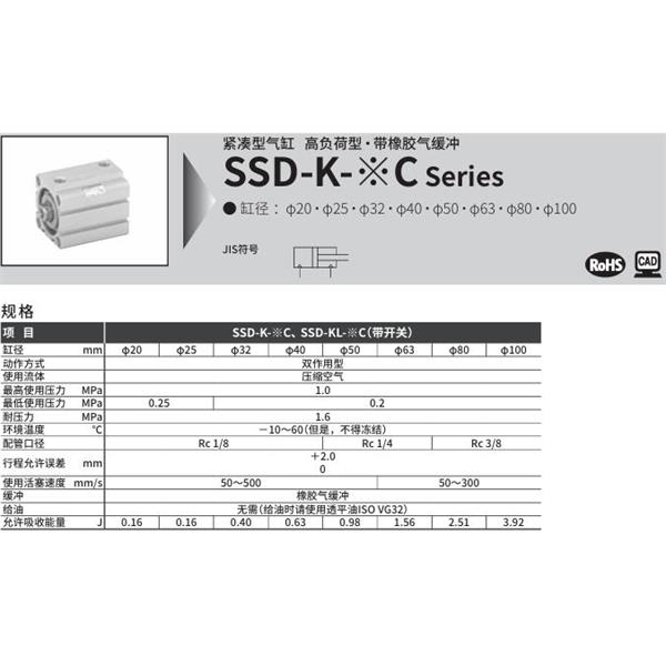 CKD喜開理超級緊湊型氣缸SSD-KL-80C-10-T0H-R-N-LB-I