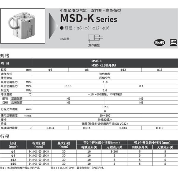 CKD喜開理小型帶線性導(dǎo)軌緊湊型氣缸MSD-K-16-10-R