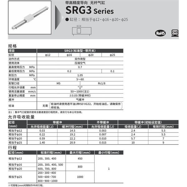 CKD喜開理高精度導(dǎo)軌超級無桿氣缸SRG3-LB-16B-200-M0H-R-A