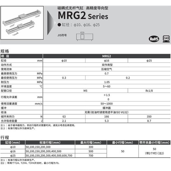 CKD喜開理磁耦式高精度導軌型氣缸MRG2-10-150-T2H-D-A